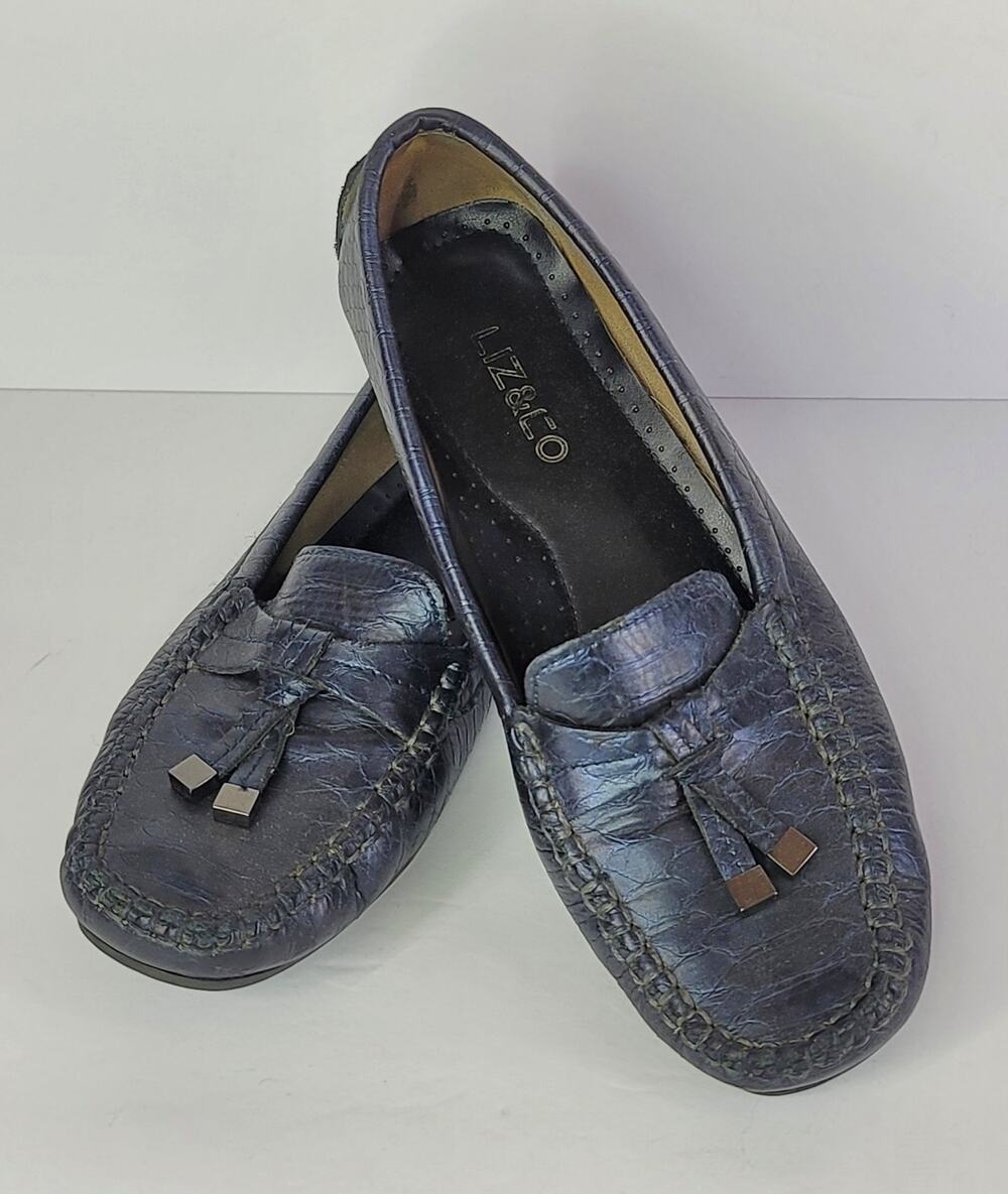 LIZ & CO Liz Claiborne Navy Blue Reptile Embossed Tassel Loafers Women's Size 8M